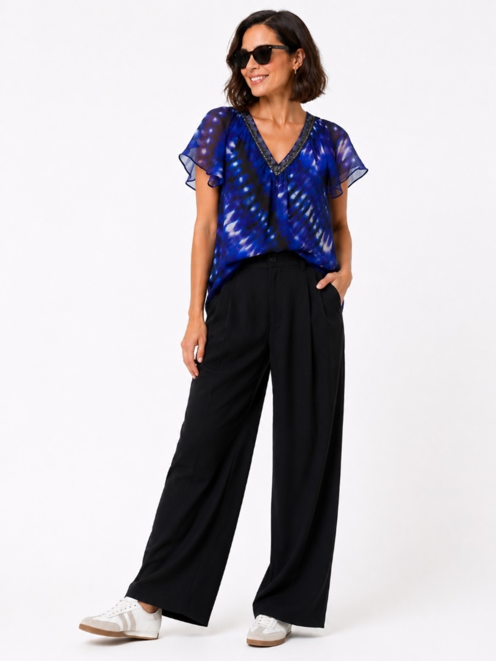 Express Blue Sheer Chiffon Beaded Flutter Sleeve Blouse Women's Small S